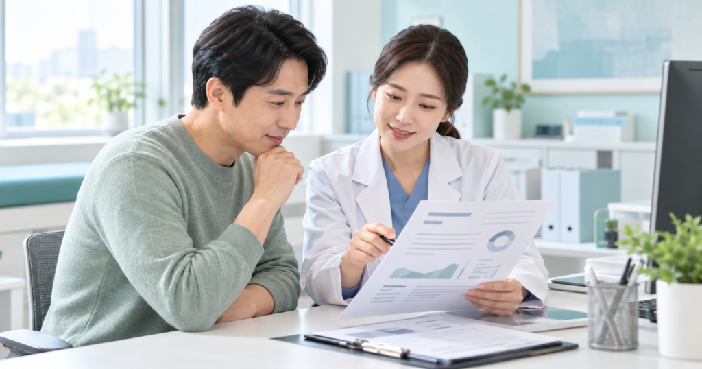 검진 결과표를 의료진과 함께 확인하는 건강검진 후 상담 장면
